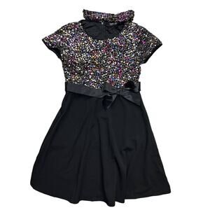XL Girls Three Pink Hearts Black Sequin Formal Dress w/ Headband Short Sleeve